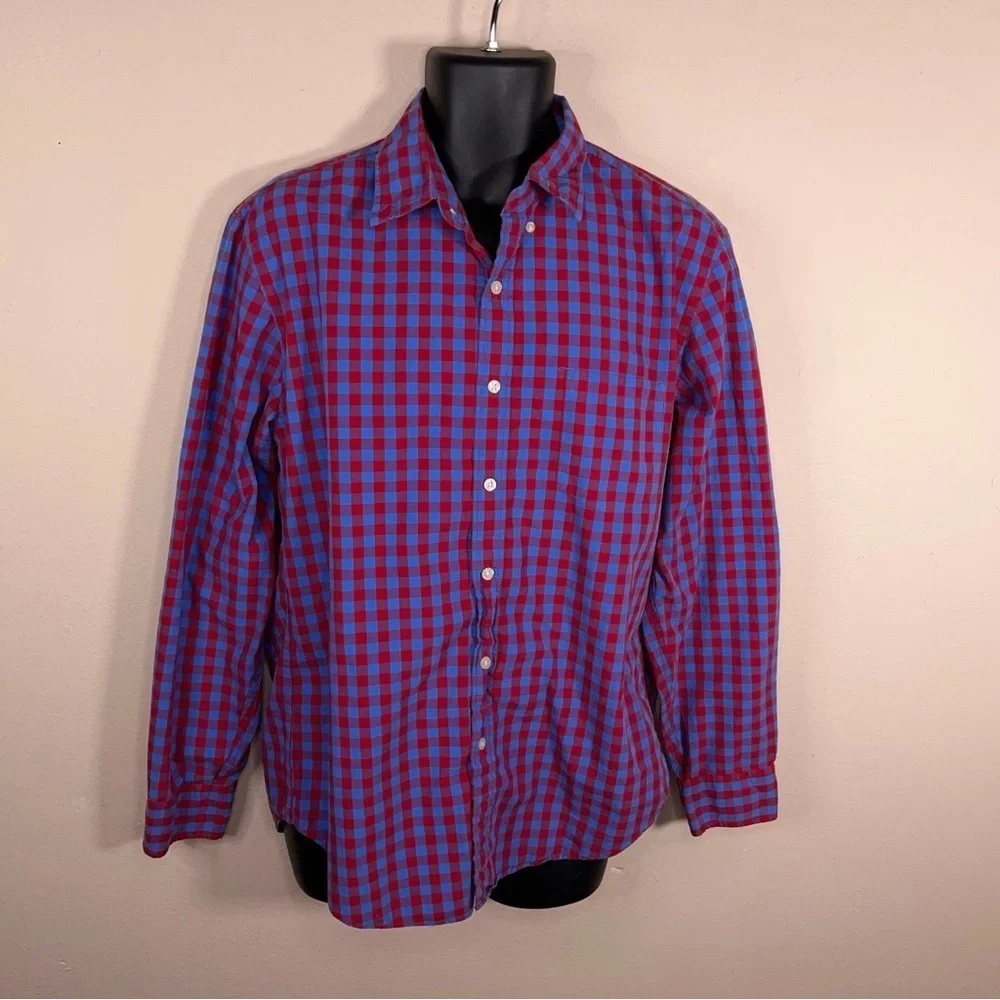 Large J Crew Mens Plaid Shirt Blue Red Cotton Button Front Long Sleeve Preppy